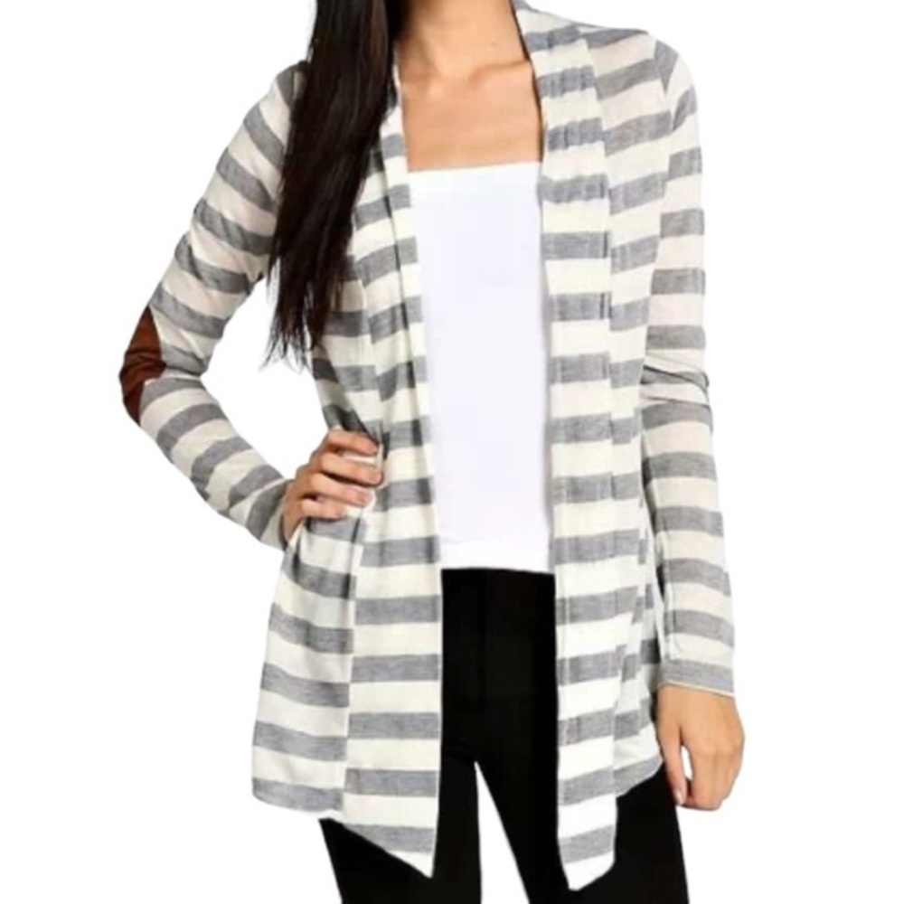 Always Me Gray White Striped Cardigan Brown Suede Elbow Patch Open Front M